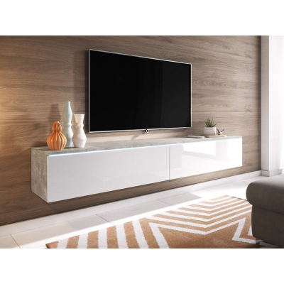 WILLA D TV-szekrény 180 cm LED világítással - beton / fényes fehér