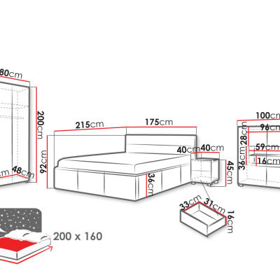 CHEMUNG hálószobagarnitúra kék LED világítással és ággyal 160x200 cm - fehér / fényes fehér / fehér ökobőr