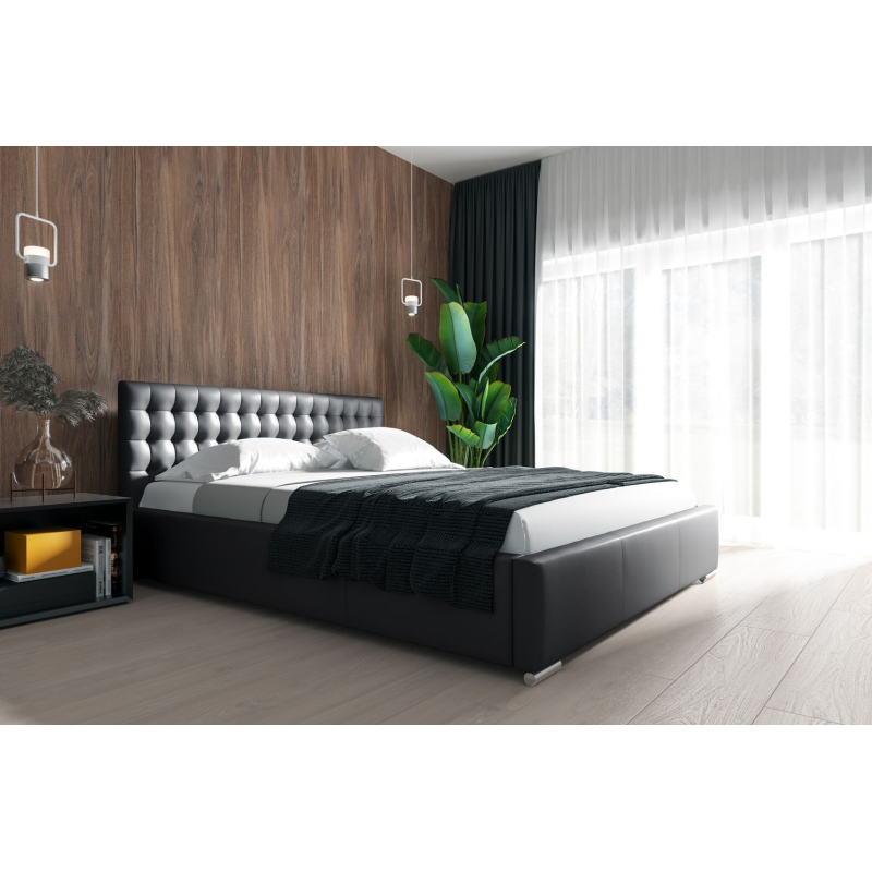 Natal stílusos ágy tárolóval, fekete ökobőr, 180 x 200