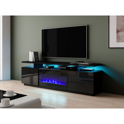 SALTA TV-asztal kandallóval és LED világítással - fényes fekete / fekete
