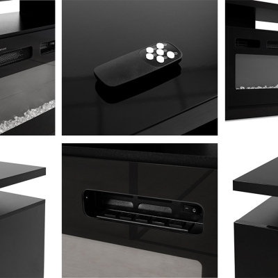 SALTA TV-asztal kandallóval és LED világítással - fényes fekete / fekete