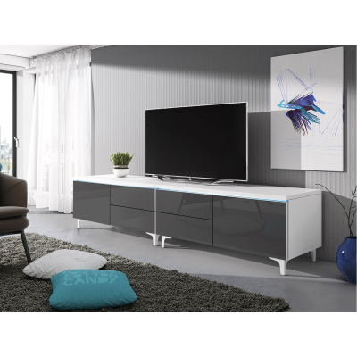 FERNS 11 TV-asztal lábakon LED világítással - fehér / fényes szürke