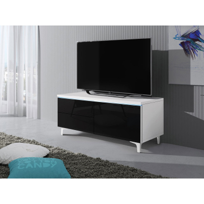 FERNS 11 TV-asztal lábakon LED világítással - fehér / fényes fekete, jobbos