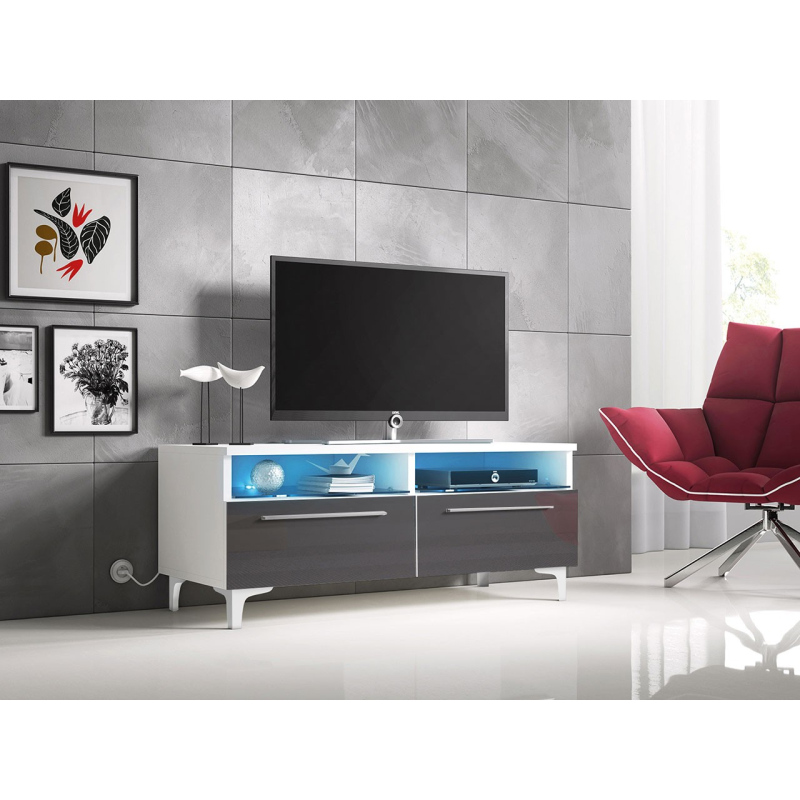 FERNS 6 TV-asztal lábakon LED világítással - fehér / fényes szürke