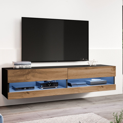 ASHTON 1 TV-asztal kék LED világítással 180 cm - fekete / wotan tölgy