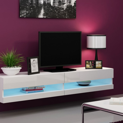 ASHTON 1 TV-asztal kék LED világítással 180 cm - fehér / fényes fehér