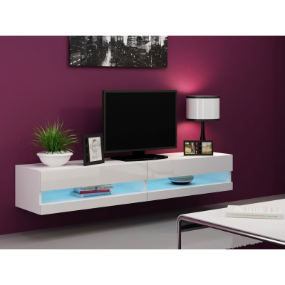 ASHTON 1 TV-asztal kék LED világítással 180 cm - fehér / fényes fehér