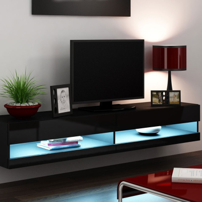 ASHTON 1 TV-asztal kék LED világítással 180 cm - fekete / fényes fekete
