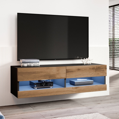 ASHTON 1 TV-asztal 140 cm fehér LED világítással - fekete / wotan tölgy