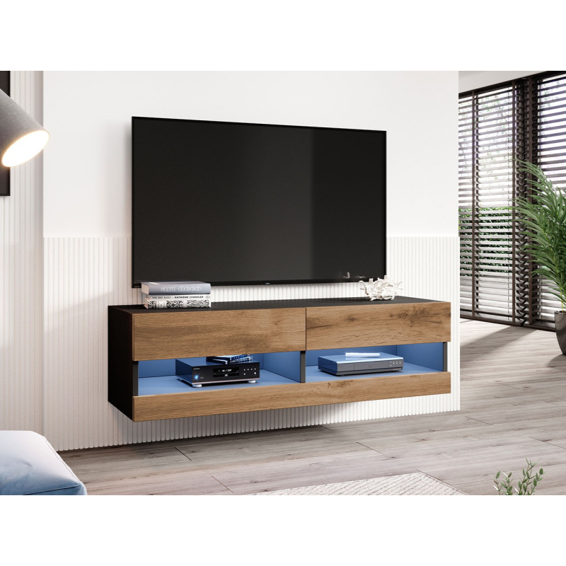 ASHTON 1 TV-asztal 140 cm kék LED világítással - fekete / wotan tölgy
