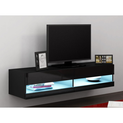ASHTON 1 TV asztal 140 cm kék LED világítással - fekete / fényes fekete