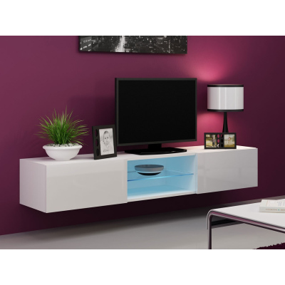 ASHTON TV-asztal üvegpolccal és RGB LED világítással - fehér / fényes fehér