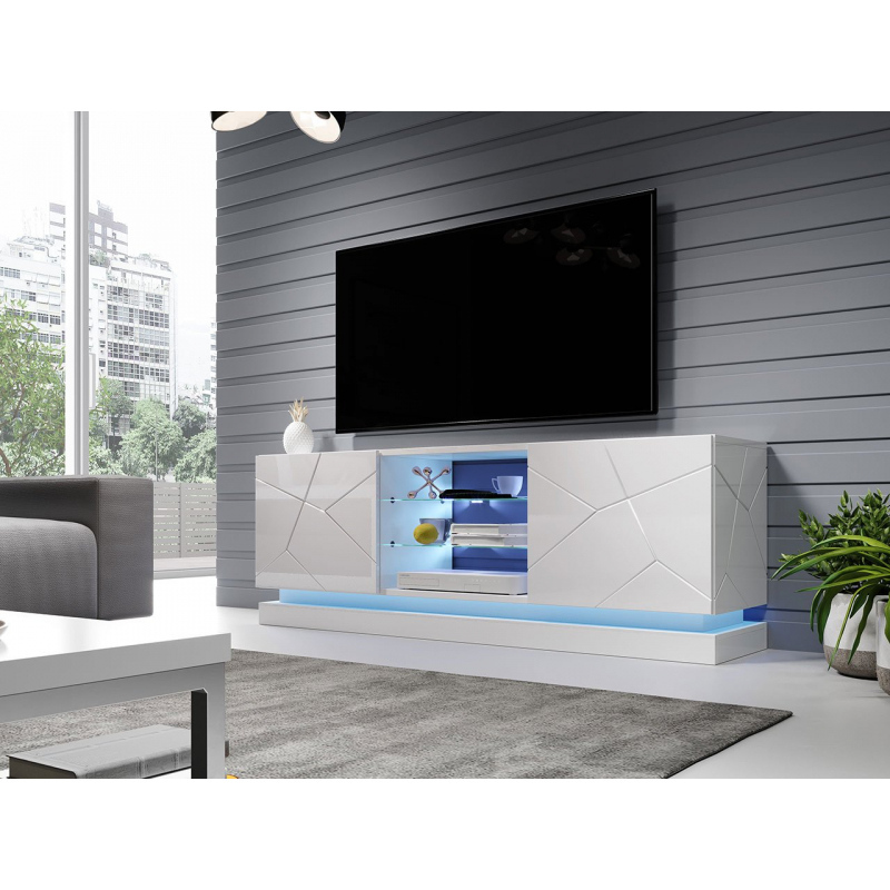 LIMA TV-asztal 160 cm kék LED világítással - fehér / fényes fehér