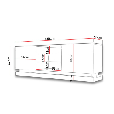 LIMA TV-asztal 160 cm kék LED világítással - fekete / fényes fekete