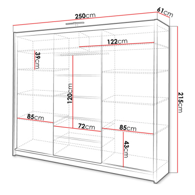 CASILDA tükrös gardróbszekrény LED világítással 250 cm - sonoma tölgy