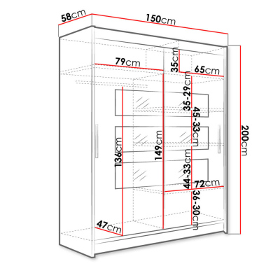 ELADIO 7 tükrös gardróbszekrény 150 cm LED világítással - fehér