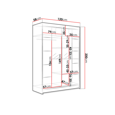 SAMANRE 5 tolóajtós gardróbszekrény 120 cm tükörrel és RGB LED világítással - fehér / fekete