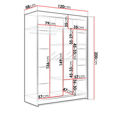 SAMANRE 5 tolóajtós gardróbszekrény 120 cm tükörrel és RGB LED világítással - fehér / sonoma tölgy