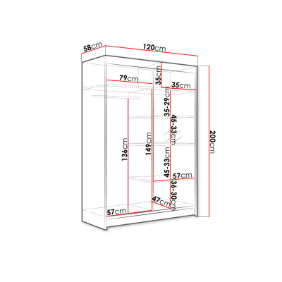 SAMANRE 1 tolóajtós gardróbszekrény 120 cm tükörrel és RGB LED világítással - fekete / fehér