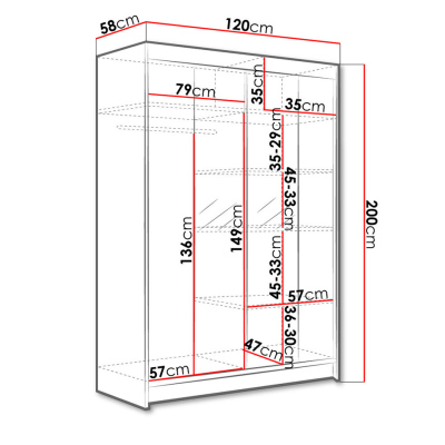 SAMANRE 2 tolóajtós gardróbszekrény 120 cm tükörrel és RGB LED világítással - fehér