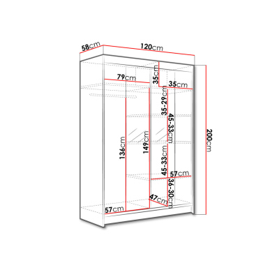 SAMANRE 2 tolóajtós gardróbszekrény 120 cm tükörrel és RGB LED világítással - fehér