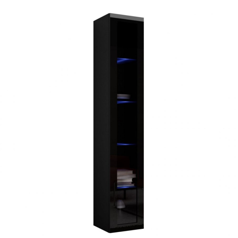 ASHTON magas függő vitrin kék LED világítással - fekete / fényes fekete