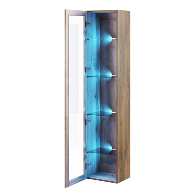 ASHTON magas függő vitrin kék LED világítással - fekete / wotan tölgy
