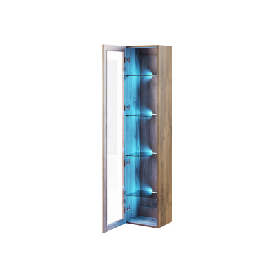 ASHTON magas függő vitrin kék LED világítással - szürke / fényes szürke