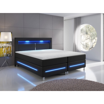 Boxspring franciaágy LED világítással 180x200 GALWAY - fekete ökobőr + INGYENES topper