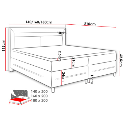 Boxspring franciaágy LED világítással 180x200 GALWAY - fekete ökobőr + INGYENES topper