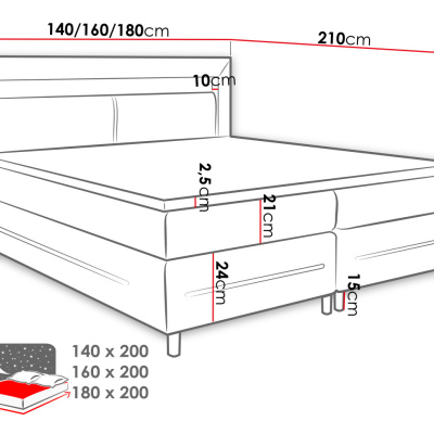 Boxspring franciaágy LED világítással 160x200 GALWAY - fekete ökobőr + INGYENES topper