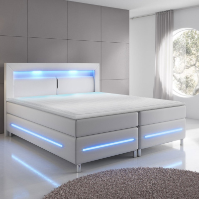 GALWAY boxspring franciaágy LED világítással 140x200 - fehér ökobőr + INGYENES topper