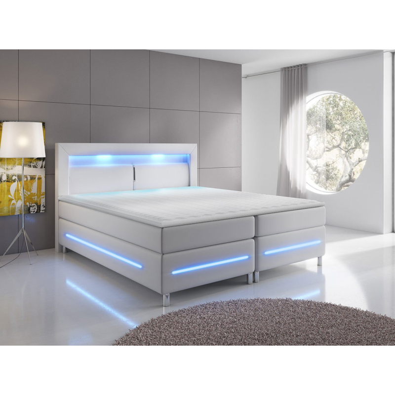 GALWAY boxspring franciaágy LED világítással 140x200 - fehér ökobőr + INGYENES topper