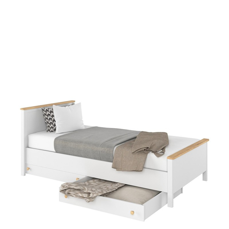 MABARUMA egyszemélyes ágy ágyráccsal, matraccal és fiókkal 90x200 - fehér / nash tölgy