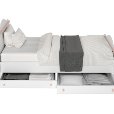 LEGUAN gyerekágy ágyráccsal, matraccal és fiókkal 90x200 - fehér / rózsaszín