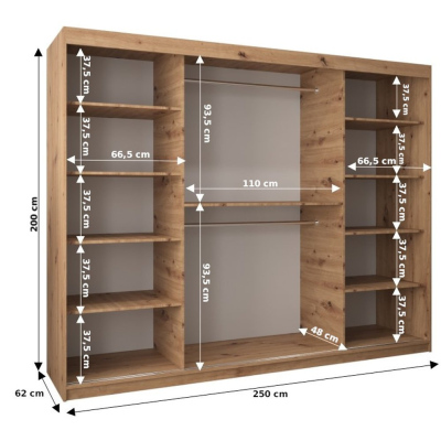 ENNI gardróbszekrény - 250 cm széles, fekete / tölgy sonoma