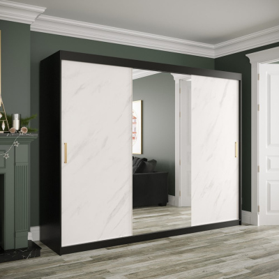 MAREILLE 2 tolóajtós gardrób szekrény tükörrel - 250 cm széles, fekete / fehér márvány
