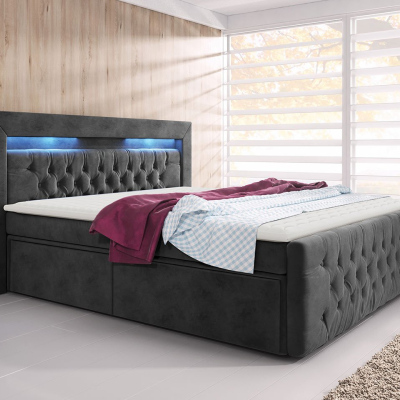 DEBLIN boxspring ágy LED világítással és négy fiókkal 180x200 - szürke + INGYENES topper