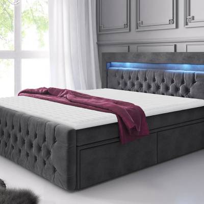 DEBLIN boxspring ágy LED világítással és négy fiókkal 180x200 - szürke + INGYENES topper