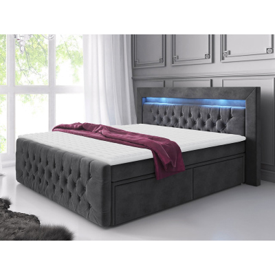 DEBLIN boxspring ágy LED világítással és négy fiókkal 180x200 - szürke + INGYENES topper