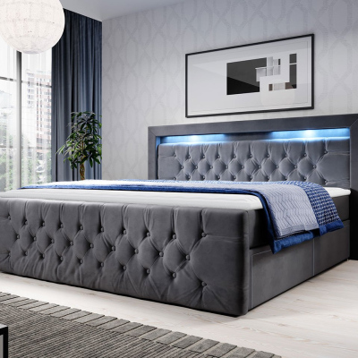 DEBLIN boxspring ágy LED világítással és négy fiókkal 180x200 - szürke + INGYENES topper