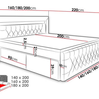 DEBLIN boxspring ágy LED világítással és négy fiókkal 180x200 - szürke + INGYENES topper