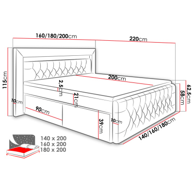 DEBLIN boxspring ágy LED világítással és négy fiókkal 180x200 - szürke + INGYENES topper