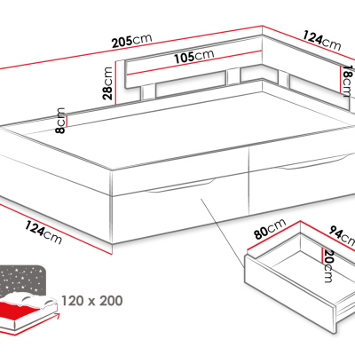 MUONIO ágy diákszobába 120x200 - beton / fehér