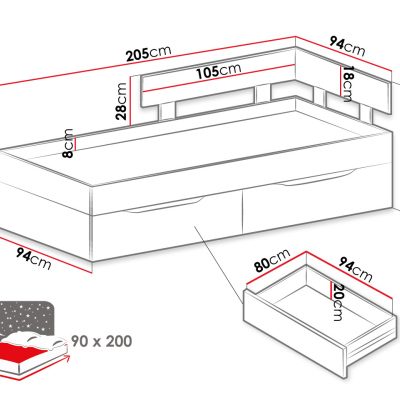 MUONIO ágy diákszobába 90x200 - beton / fehér