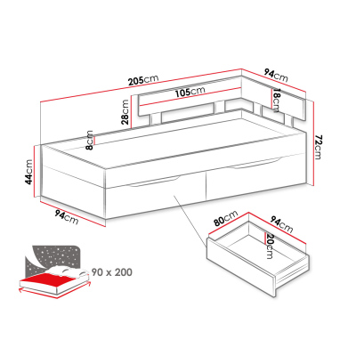 MUONIO ágy diákszobába 90x200 - tölgy / beton / fehér