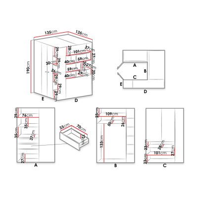 MUONIO 1 sarok gardróbszekrény 135 cm - fehér / beton / tölgy