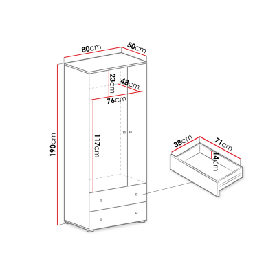 MUONIO 3 gardróbszekrény 80 cm - fehér / beton / tölgy