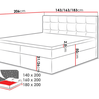 CAROLA boxspring ágy 180x200 - szürke + INGYENES topper