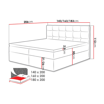 CAROLA boxspring ágy 180x200 - szürke + INGYENES topper